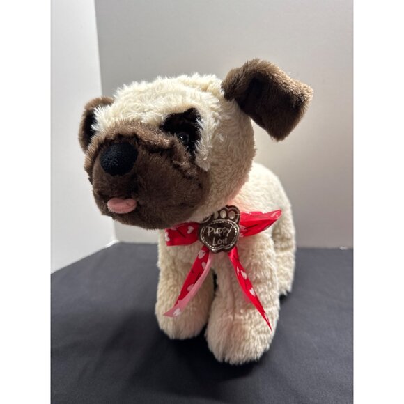 Puppy Luv Plush Pug Dog Stuffed Animal Toy 12" Beige/Brown With Heart Bow Walmar - Picture 1 of 9